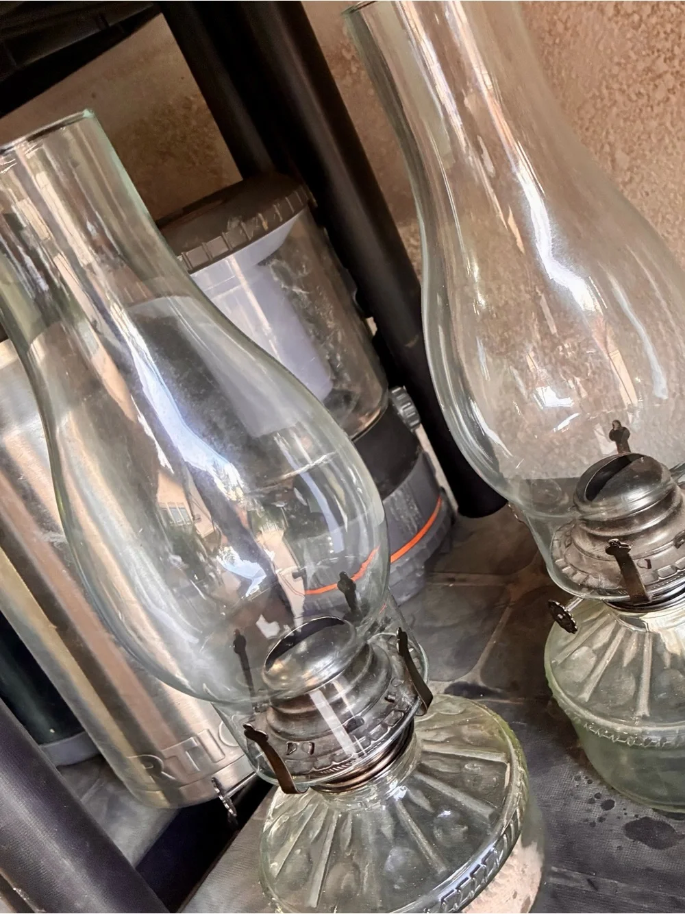 Vintage Lamplight Farms Clear Glass Hurricane Oil Lamps Pair